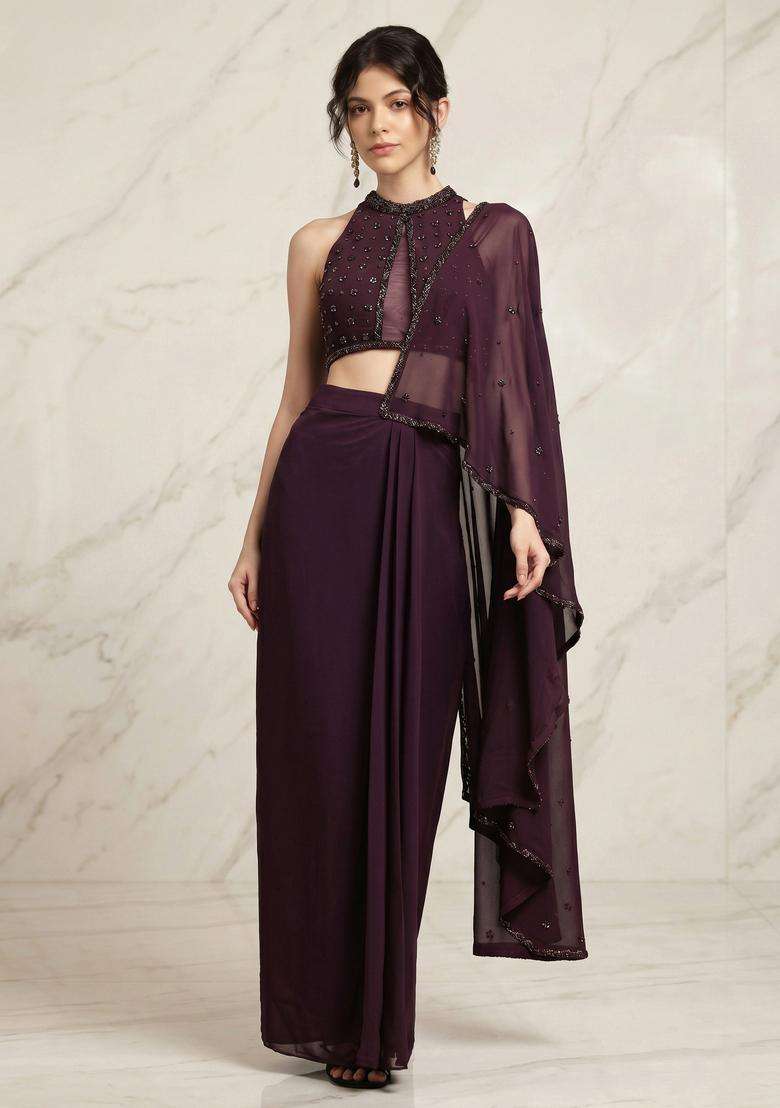 Dark Purple Embroidered Handwork Pre Draped Saree Set - Indya
