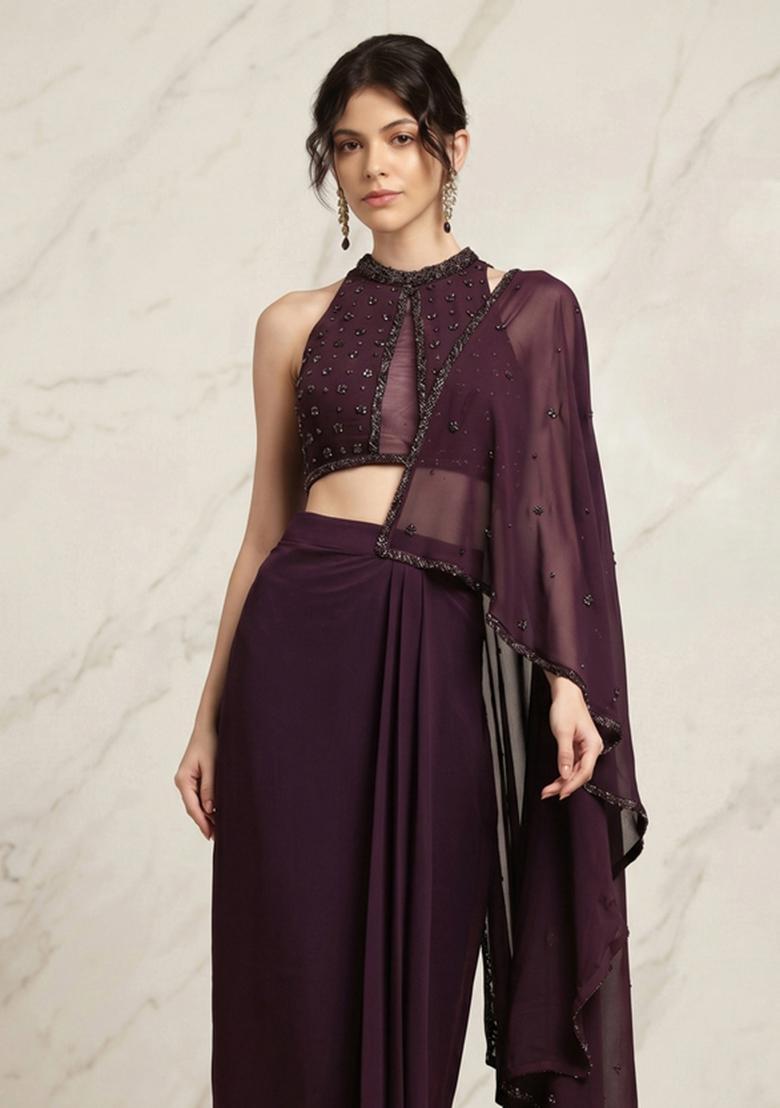 Dark Purple Embroidered Handwork Pre Draped Saree Set - Indya