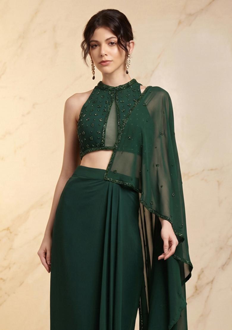 Dark Green Embroidered Handwork Pre Draped Saree Set - Indya