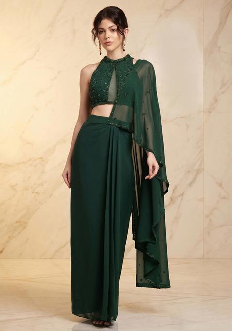 Dark Green Embroidered Handwork Pre Draped Saree Set