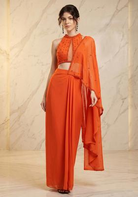 Orange Embroidered Handwork Pre Draped Saree Set