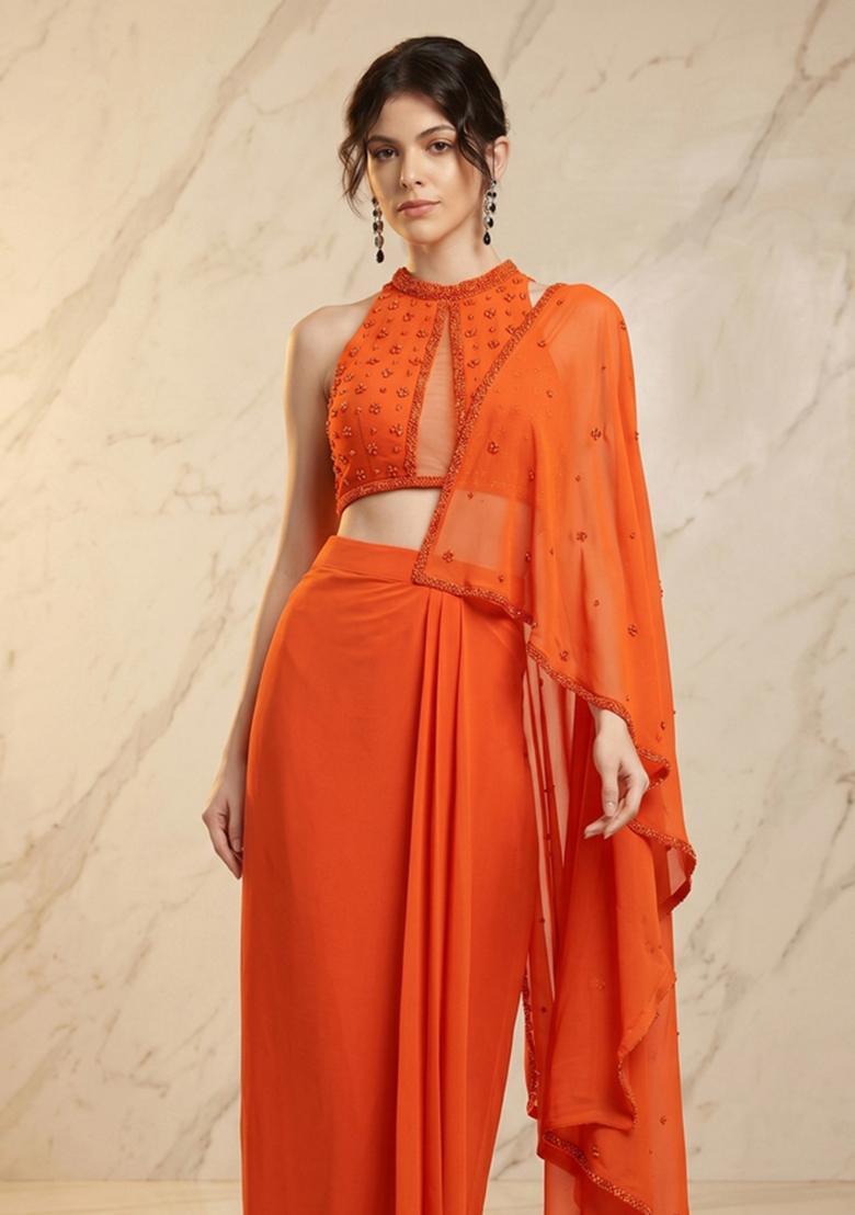 Orange Embroidered Handwork Pre Draped Saree Set - Indya