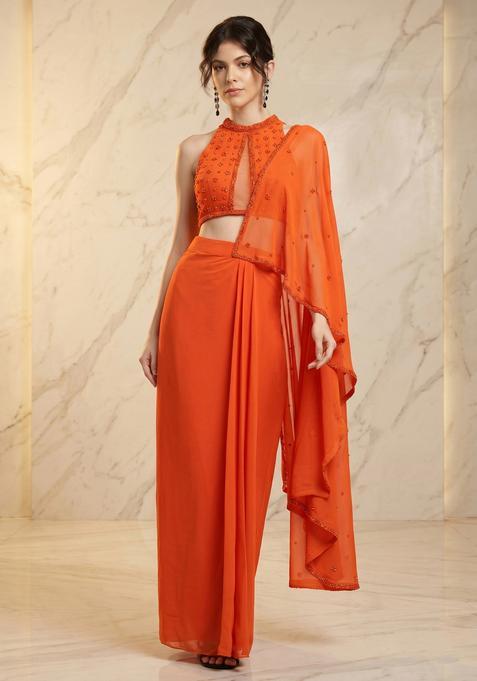Orange Embroidered Handwork Pre Draped Saree Set