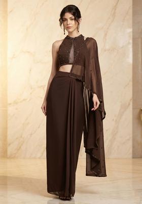 Espresso Embroidered Handwork Pre Draped Saree Set