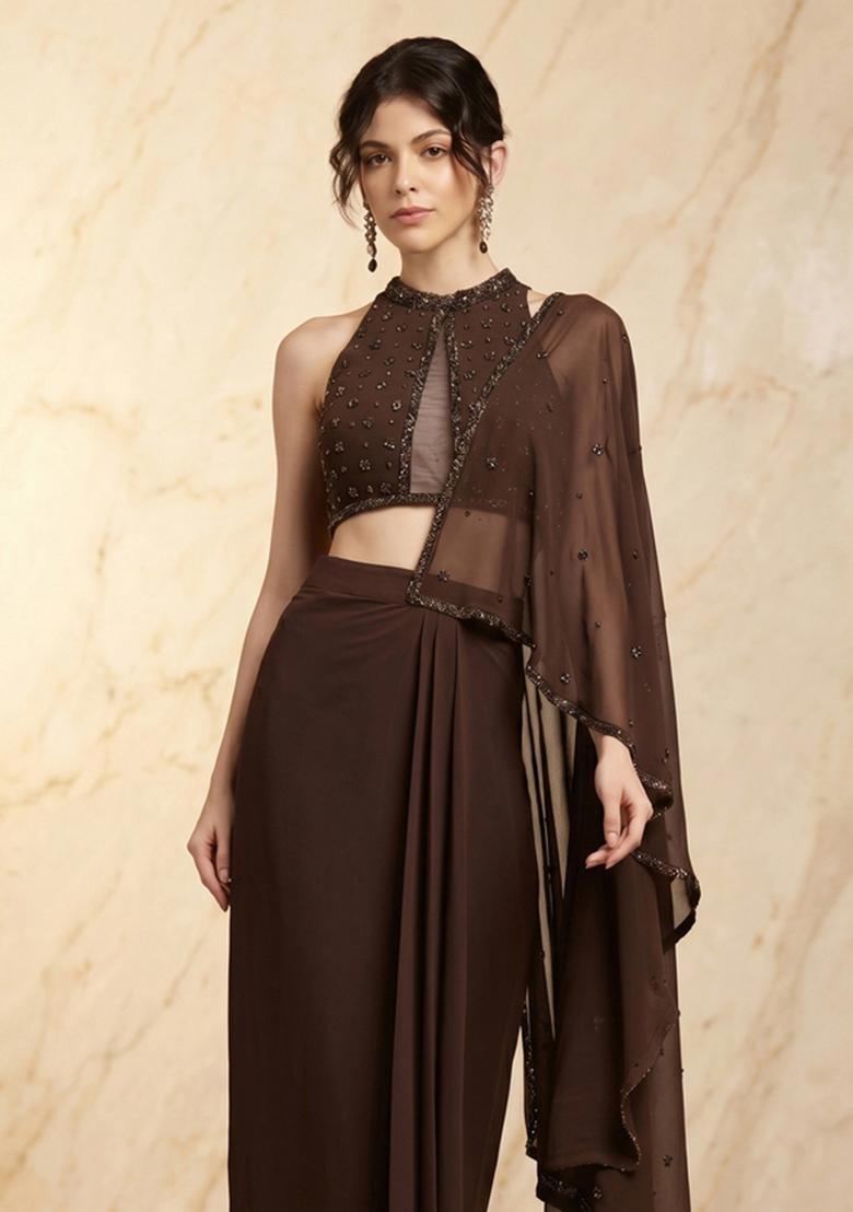 Espresso Embroidered Handwork Pre Draped Saree Set - Indya