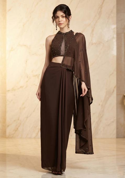 Espresso Embroidered Handwork Pre Draped Saree Set