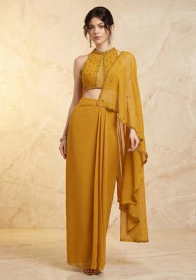 Mustard Embroidered Handwork Pre Draped Saree Set