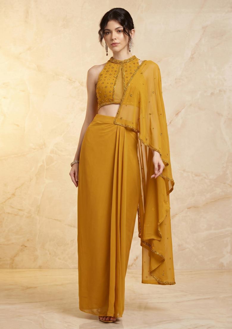 Mustard Embroidered Handwork Pre Draped Saree Set - Indya
