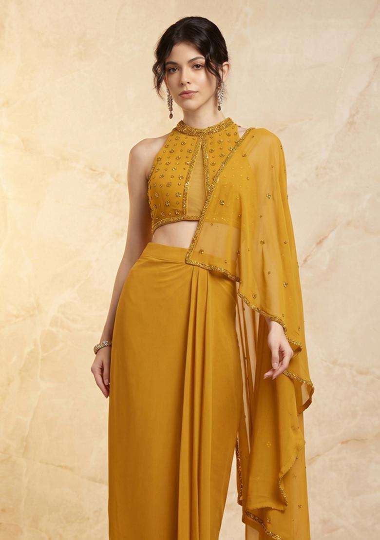 Mustard Embroidered Handwork Pre Draped Saree Set - Indya