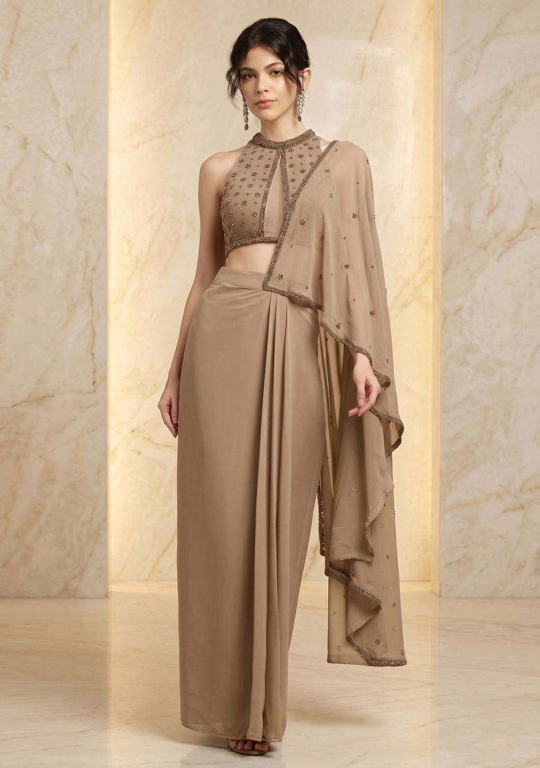 Cream Embroidered Handwork Pre Draped Saree Set - Indya