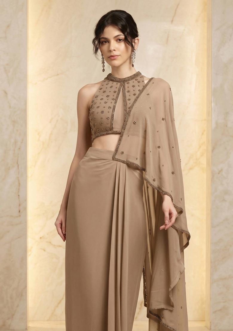 Cream Embroidered Handwork Pre Draped Saree Set - Indya