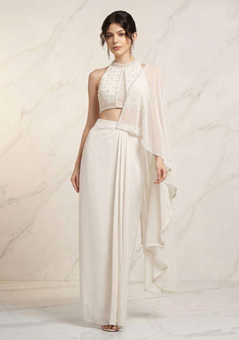 White Embroidered Handwork Pre Draped Saree Set - Indya