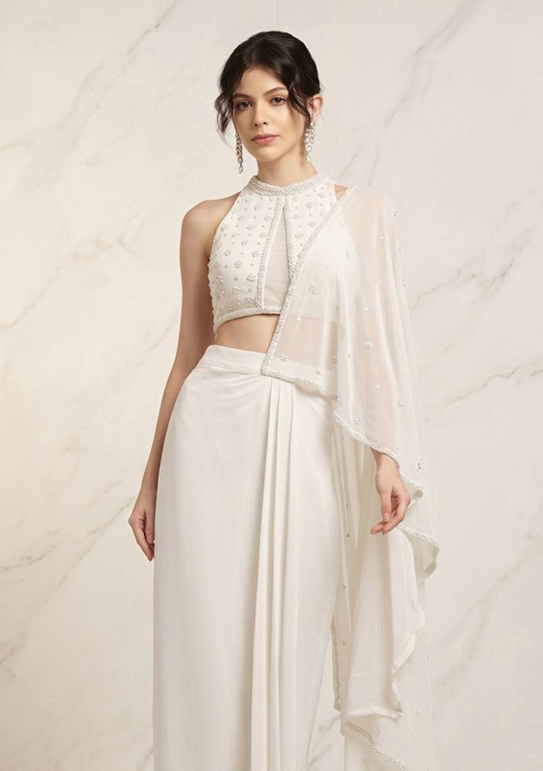 White Embroidered Handwork Pre Draped Saree Set - Indya