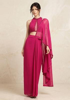 Rani Pink Embroidered Handwork Pre Draped Saree Set