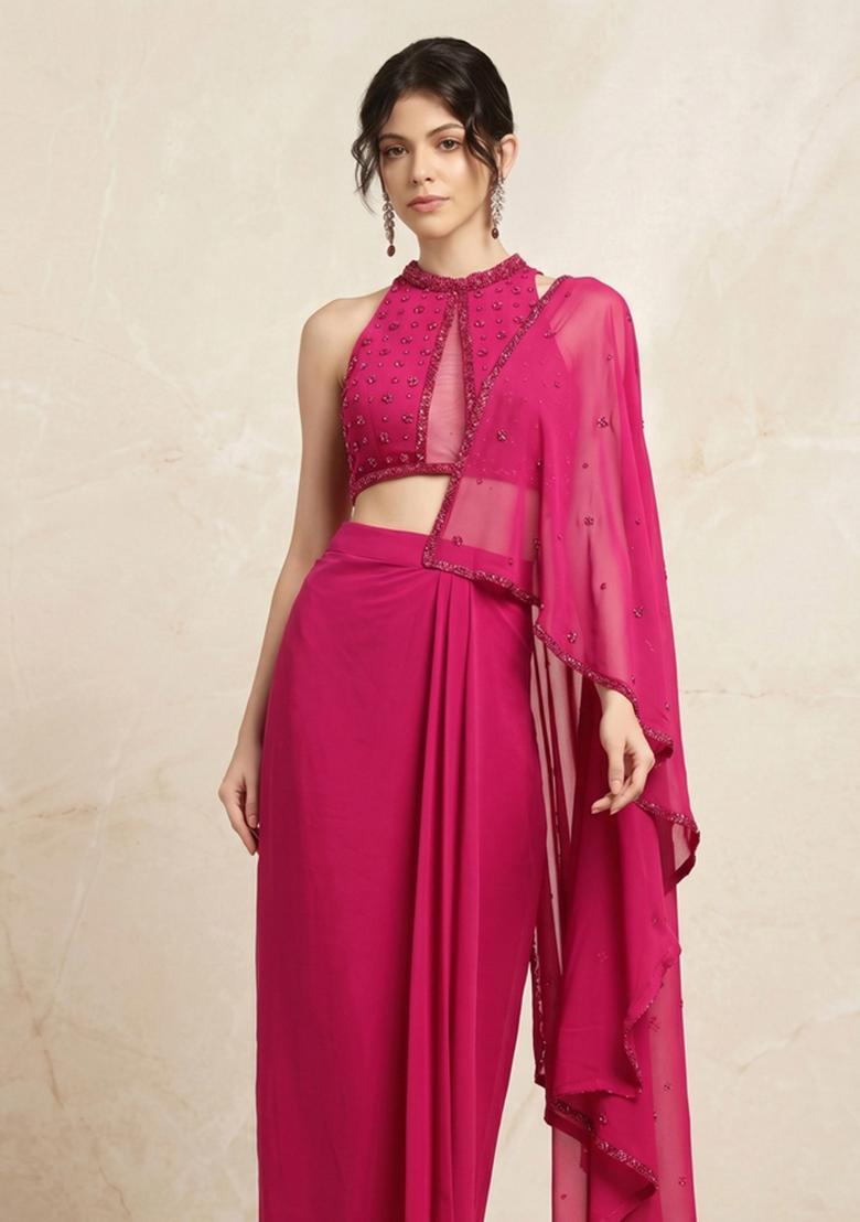 Rani Pink Embroidered Handwork Pre Draped Saree Set - Indya