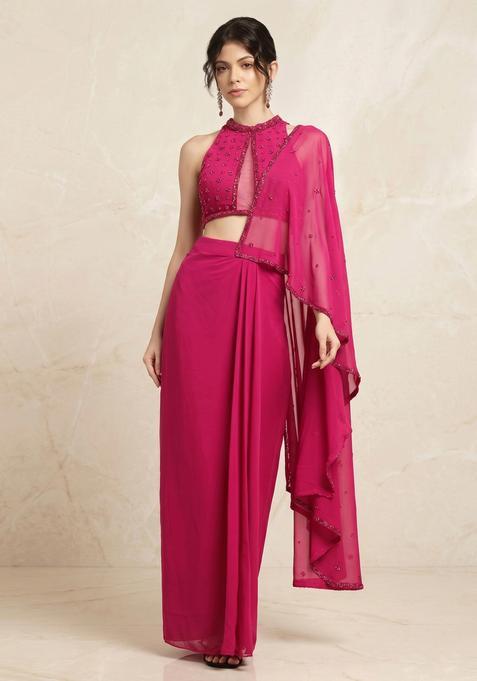 Rani Pink Embroidered Handwork Pre Draped Saree Set