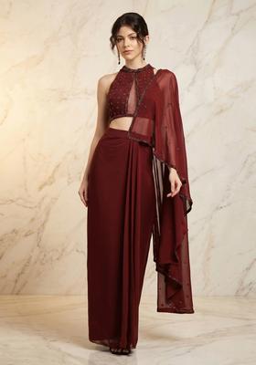 Maroon Embroidered Handwork Pre Draped Saree Set