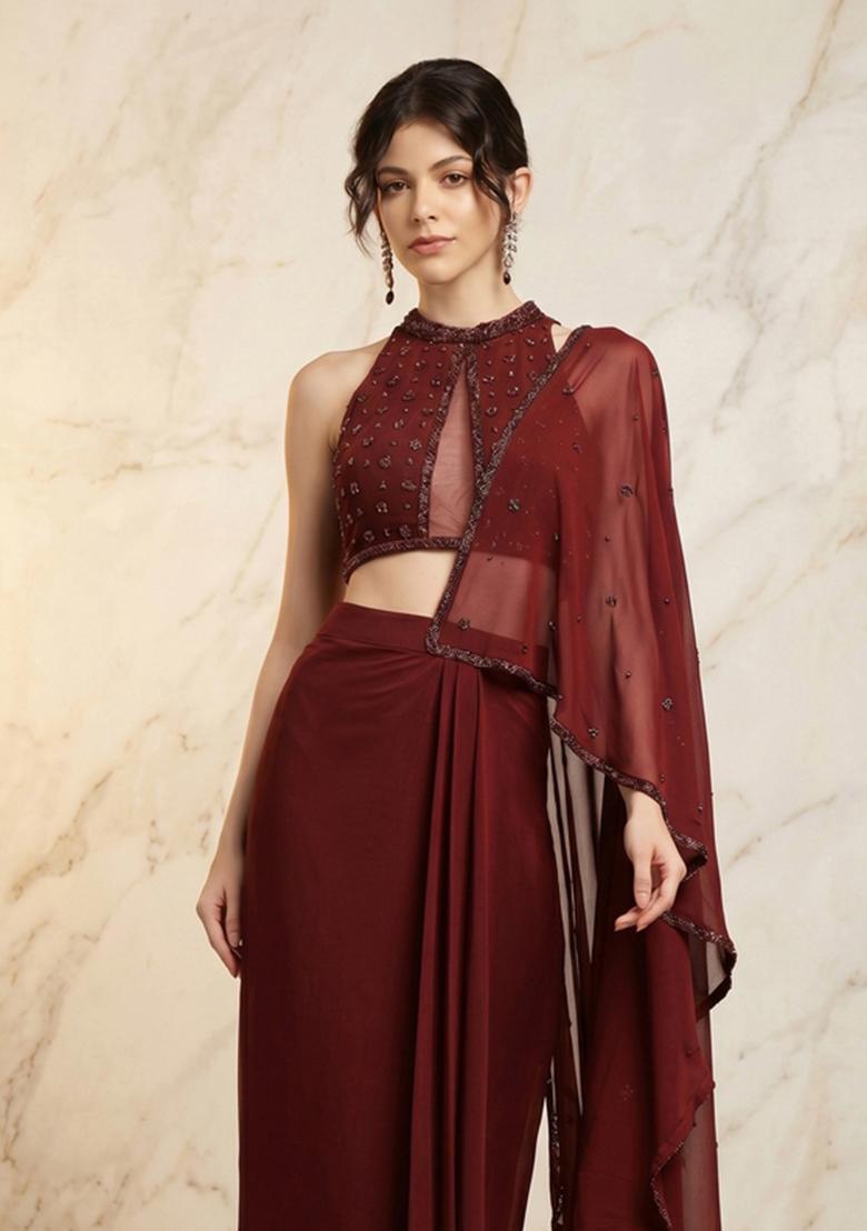 Maroon Embroidered Handwork Pre Draped Saree Set - Indya