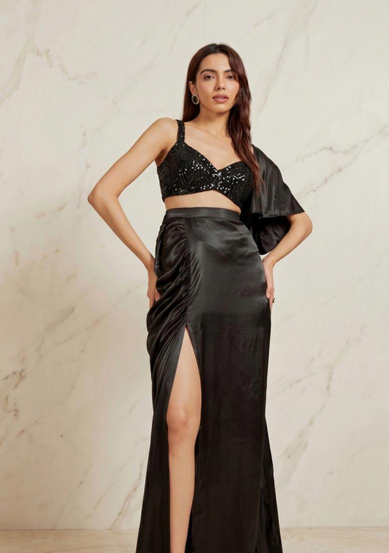 Black Embroidered Handwork Fusion Set - Indya