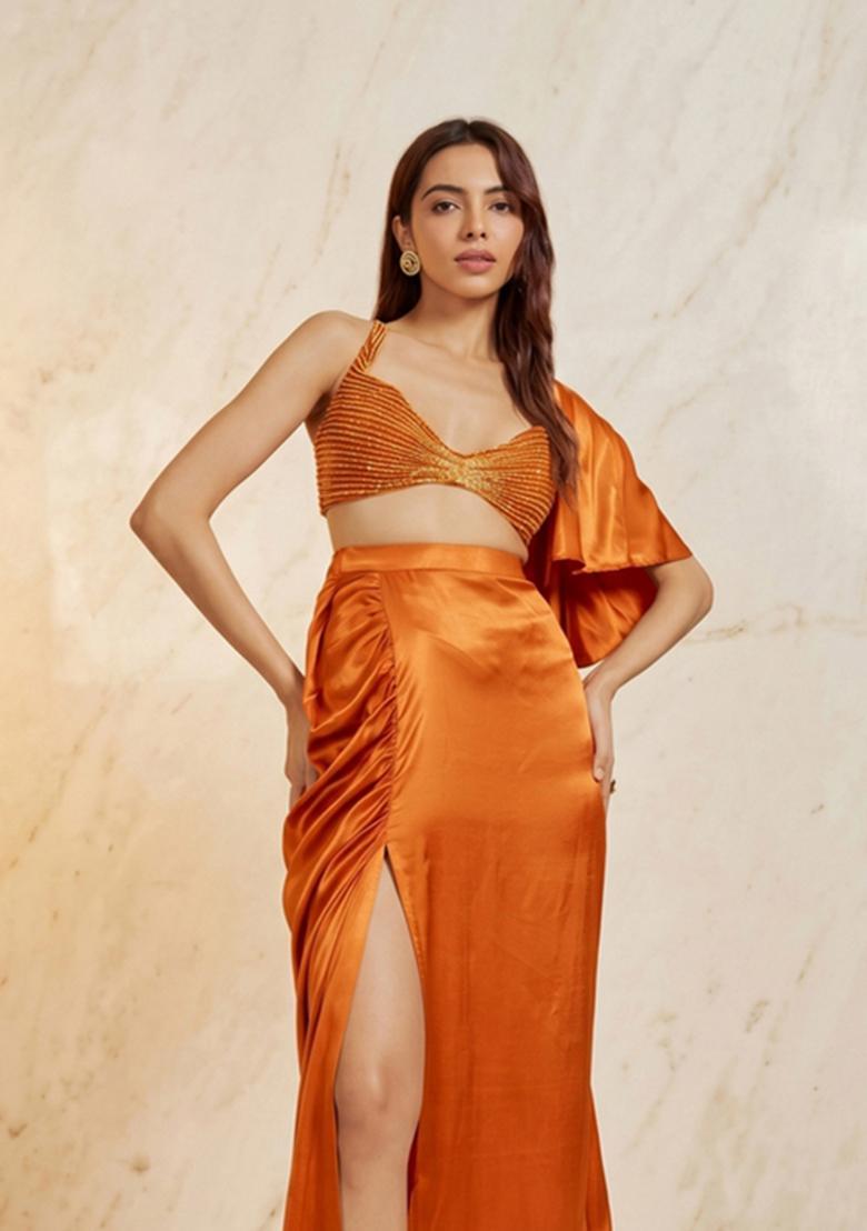 Pumpkin Orange Embroidered Handwork Fusion Set - Indya