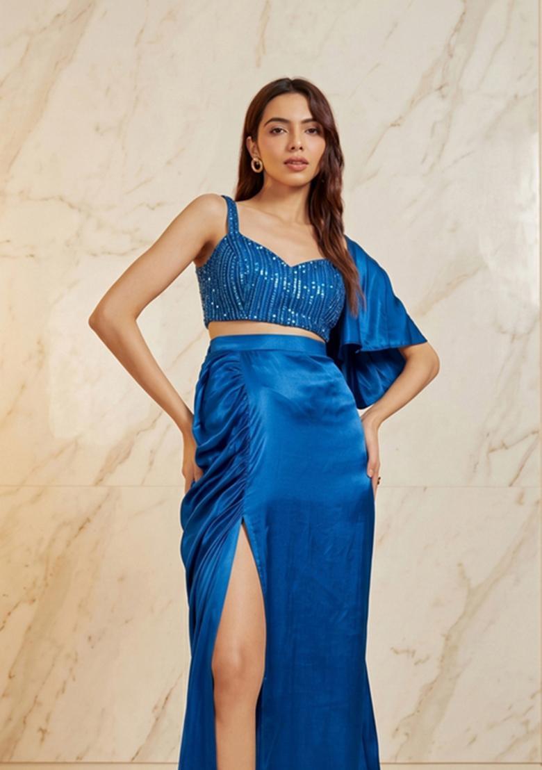 Royal Blue Embroidered Handwork Fusion Set - Indya