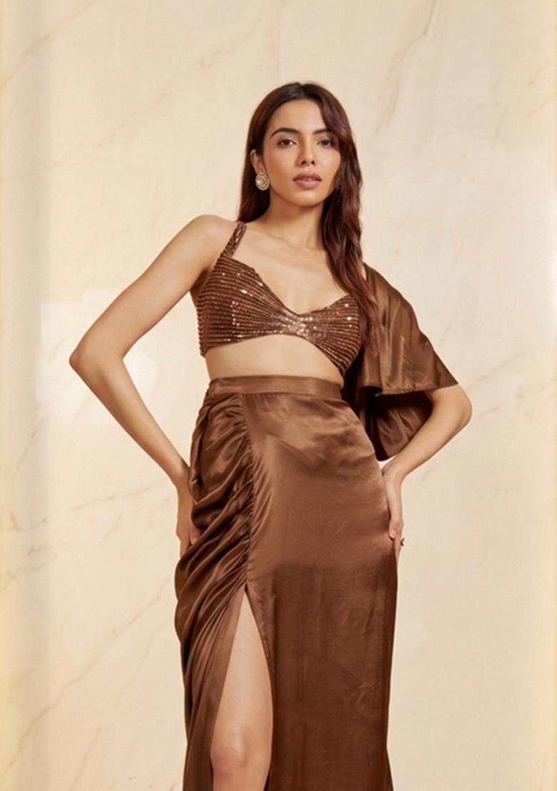 Coffee Brown Embroidered Handwork Fusion Set - Indya
