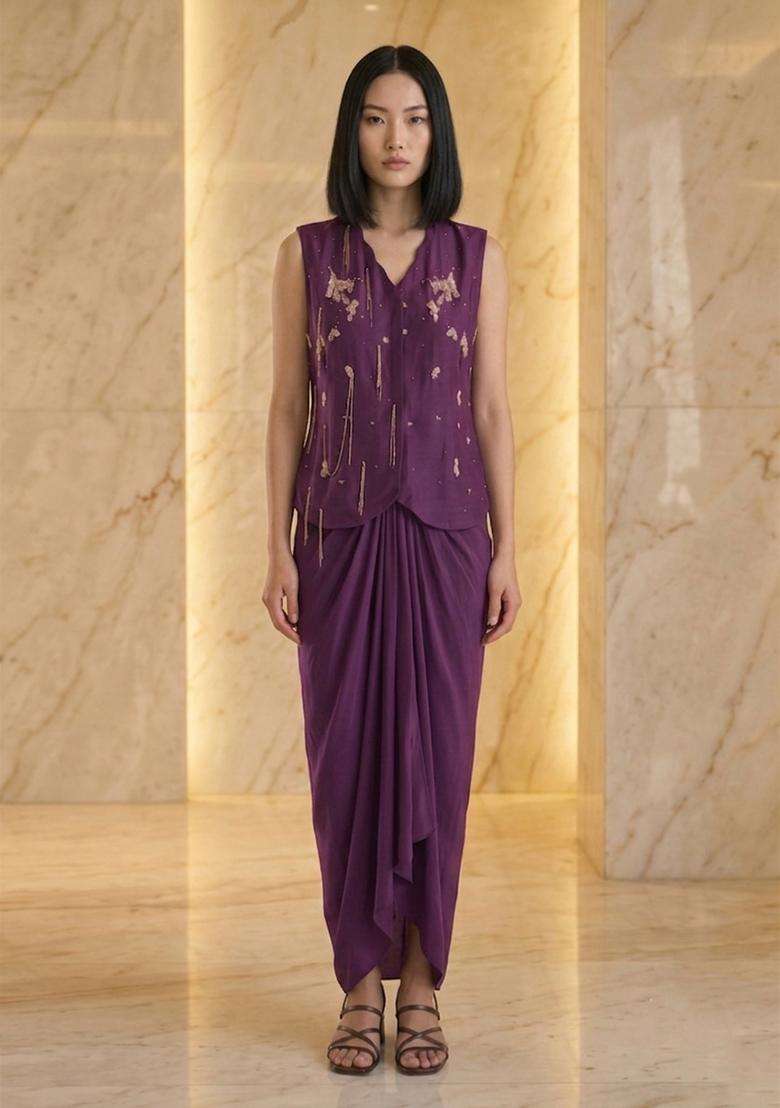 Purple Embroidered Handwork Fusion Set - Indya