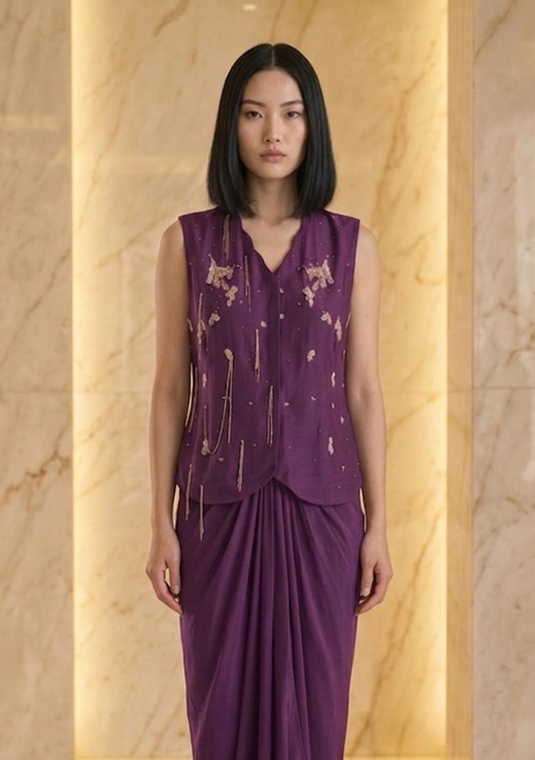 Purple Embroidered Handwork Fusion Set - Indya