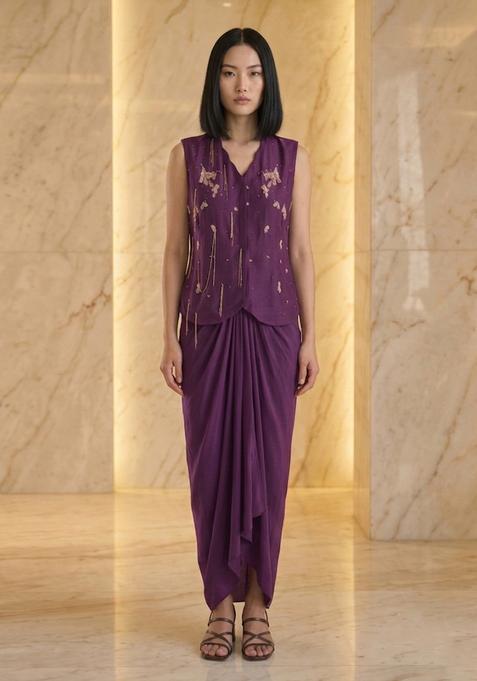 Purple Embroidered Handwork Fusion Set