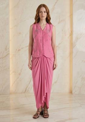 Cosmos Pink Embroidered Handwork Fusion Set