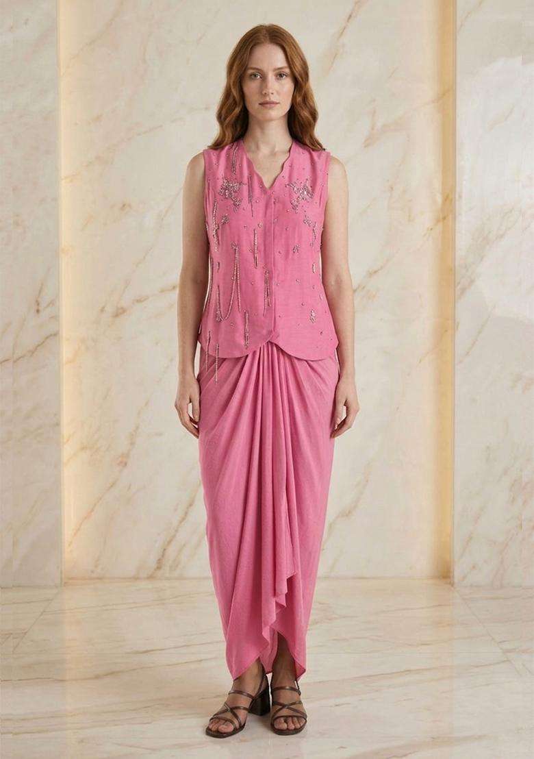 Cosmos Pink Embroidered Handwork Fusion Set - Indya