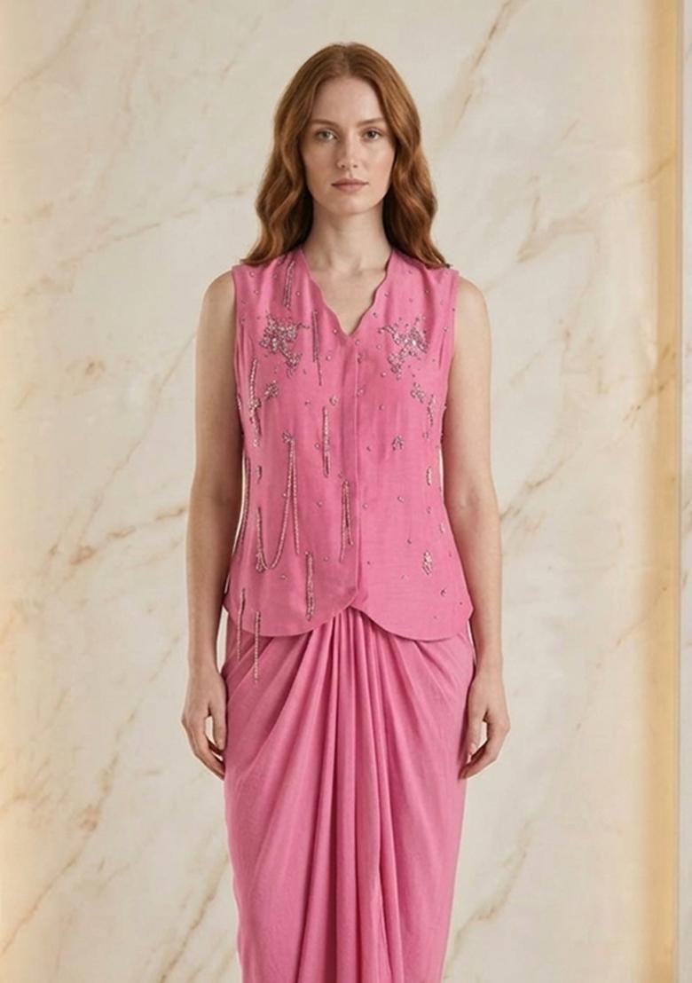Cosmos Pink Embroidered Handwork Fusion Set - Indya