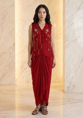 Dark Red Embroidered Handwork Fusion Set