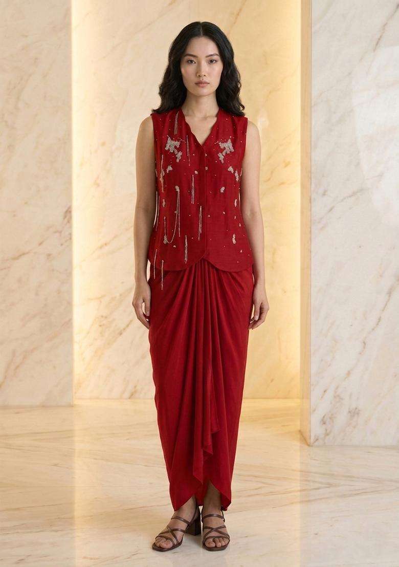 Dark Red Embroidered Handwork Fusion Set - Indya
