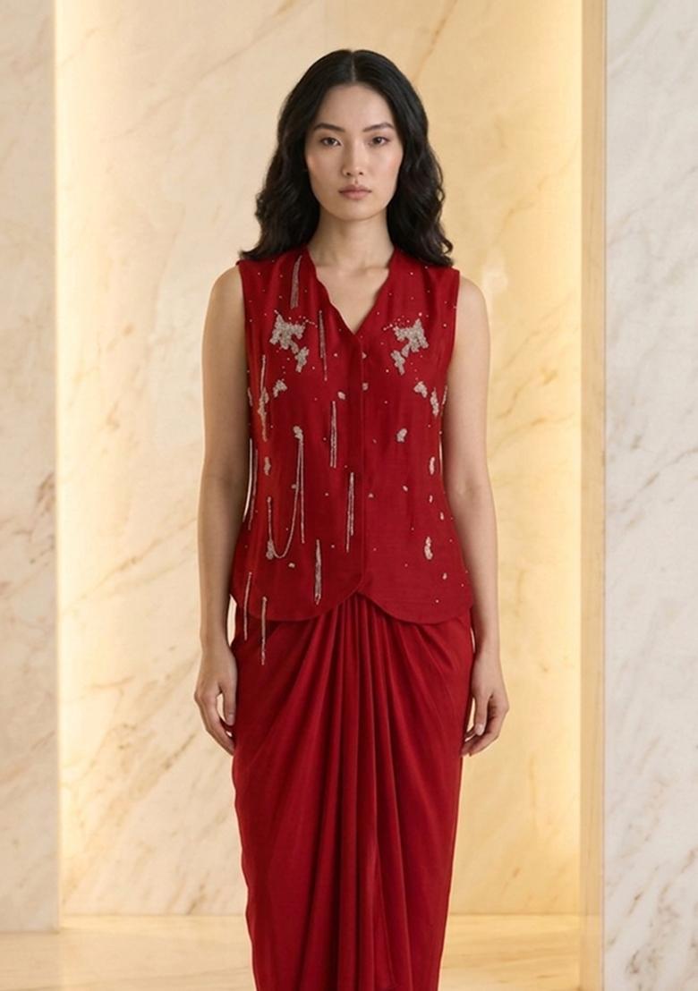 Dark Red Embroidered Handwork Fusion Set - Indya