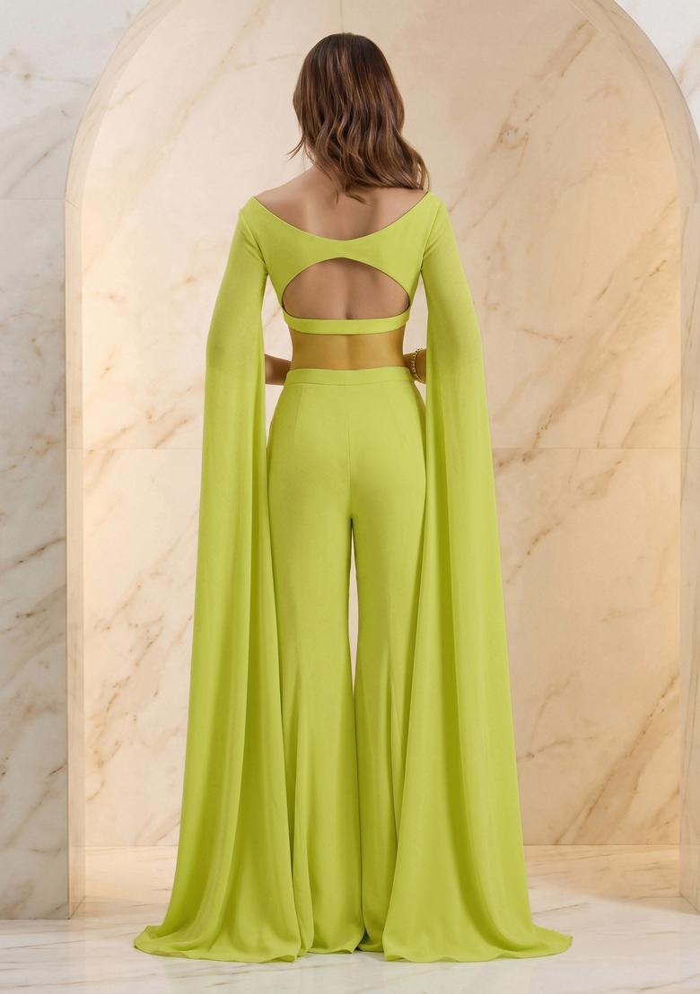 Lime Green Embroidered Handwork Fusion Set - Indya