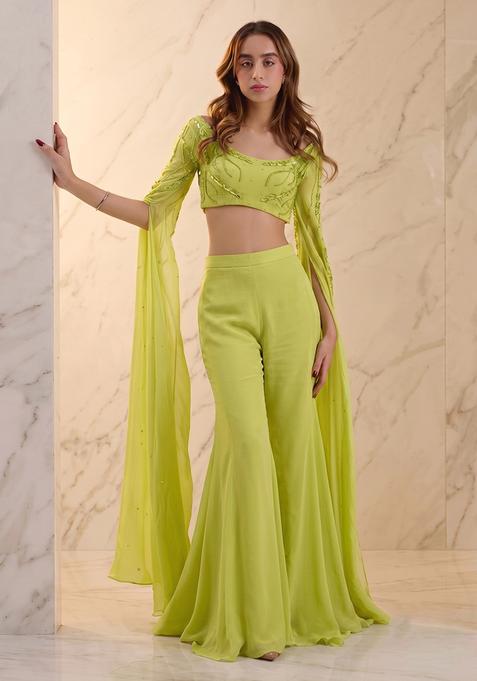 Lime Green Embroidered Handwork Fusion Set