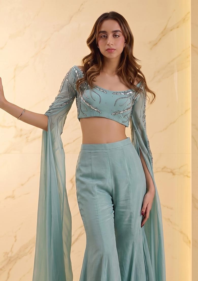 Sky Blue Embroidered Handwork Fusion Set - Indya