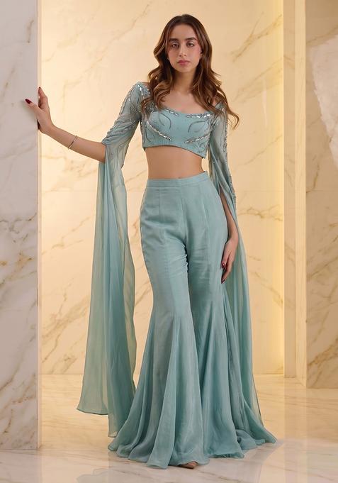 Sky Blue Embroidered Handwork Fusion Set