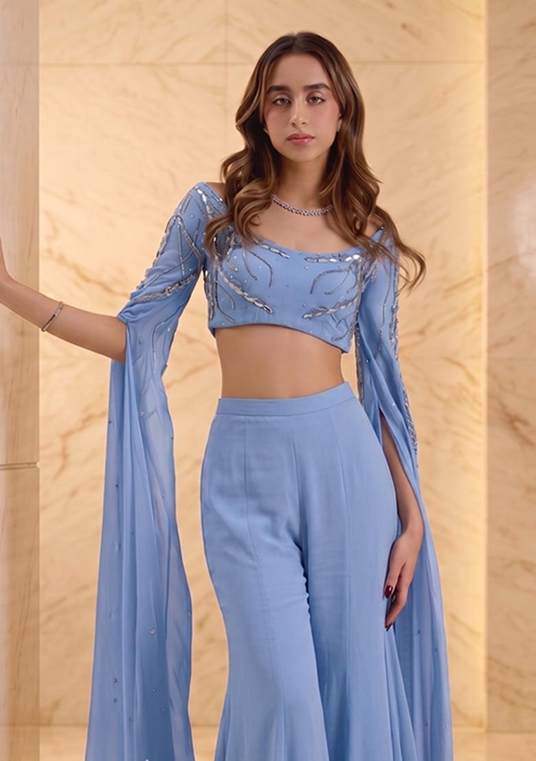 Periwinkle Blue Embroidered Handwork Fusion Set - Indya