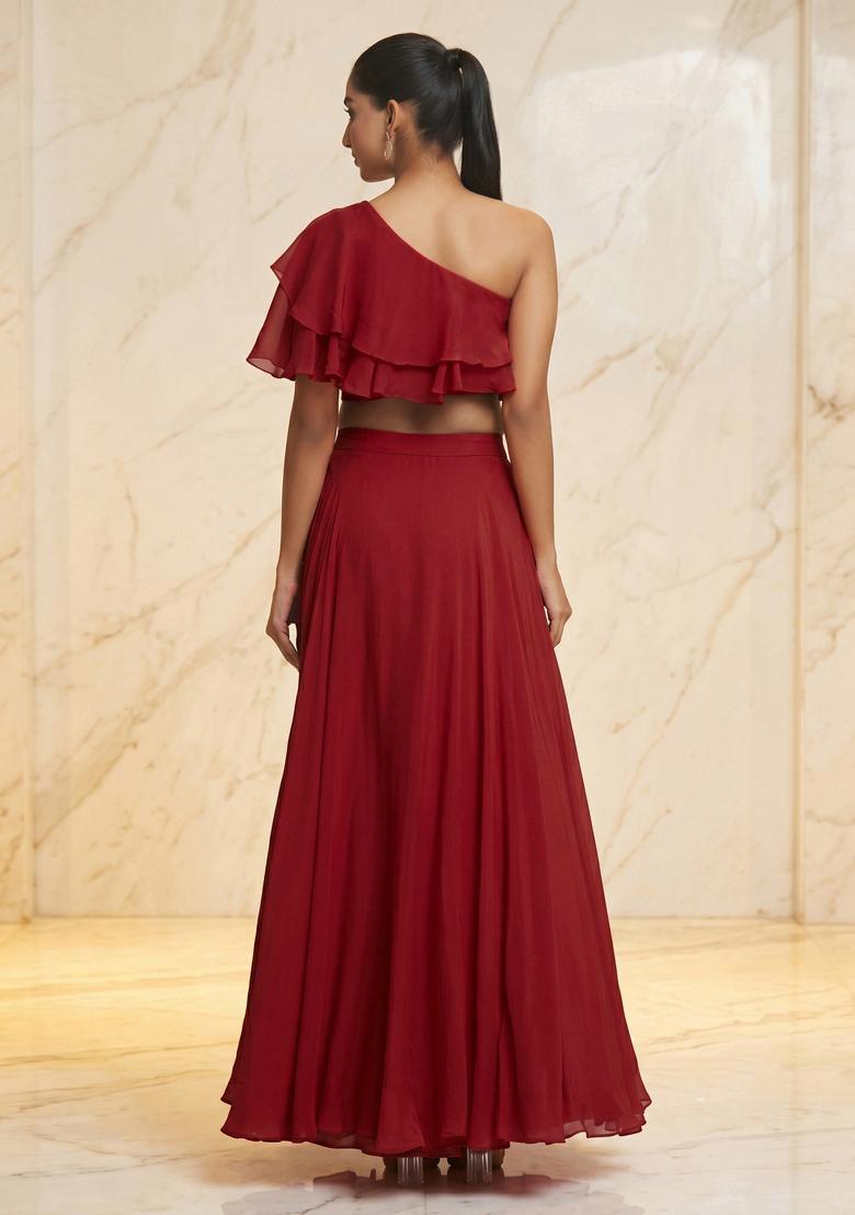 Red Embroidered Handwork Fusion Set - Indya