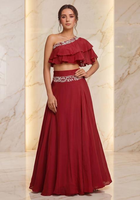 Red Embroidered Handwork Fusion Set