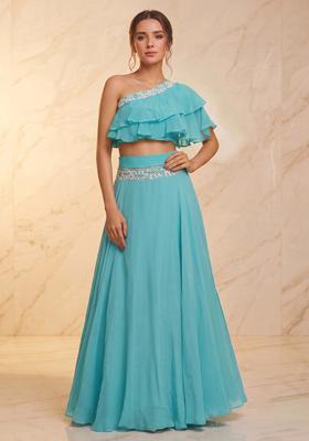 Aqua Blue Embroidered Handwork Fusion Set