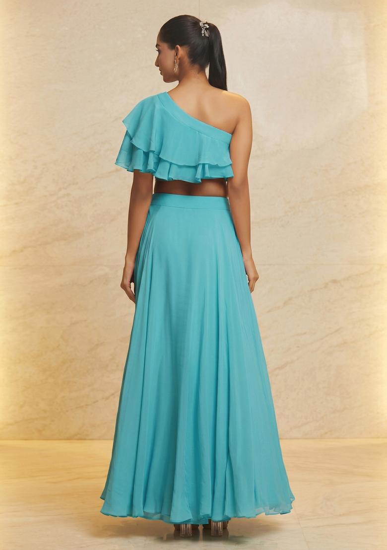 Aqua Blue Embroidered Handwork Fusion Set - Indya