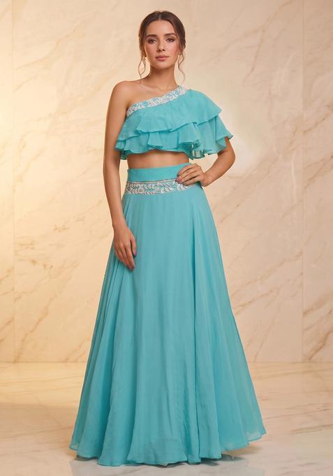 Aqua Blue Embroidered Handwork Fusion Set