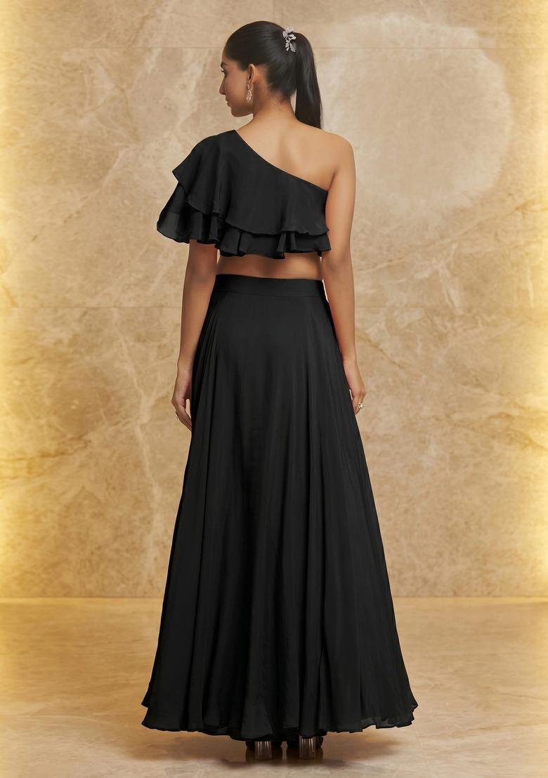Black Embroidered Handwork Fusion Set - Indya