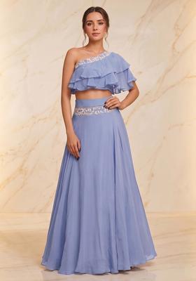 Periwinkle Blue Embroidered Handwork Fusion Set