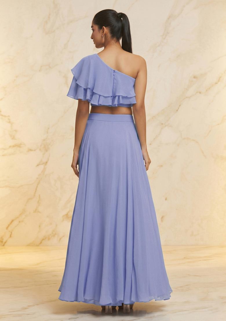 Periwinkle Blue Embroidered Handwork Fusion Set - Indya