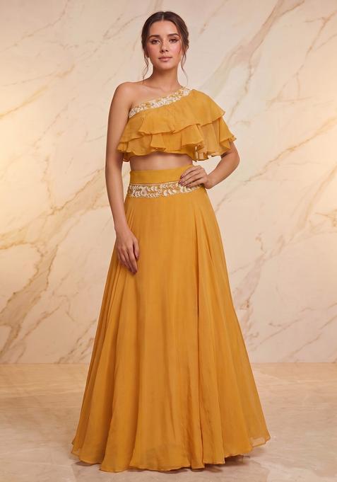 Mustard Embroidered Handwork Lehenga Set