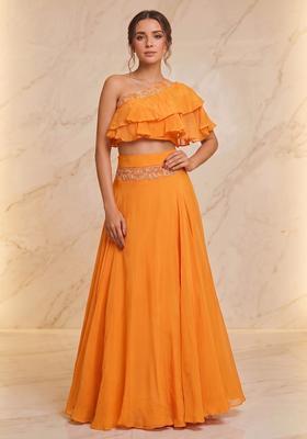 Saffron Embroidered Handwork Lehenga Set